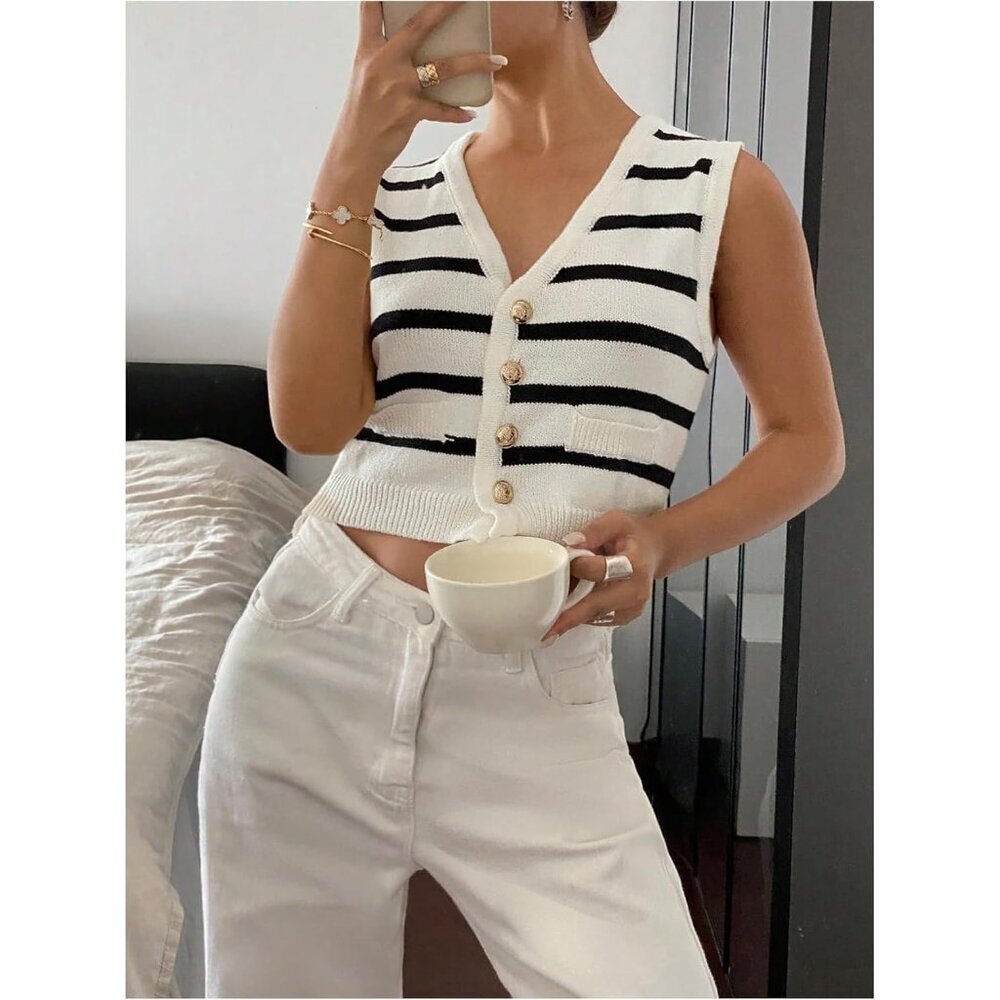 Women's Striped Knit Sweater Vest Small Sleeveless V Neck Button Top - Picture 2 of 5